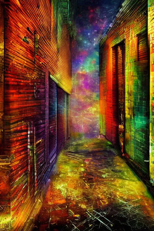 Image similar to a beautiful painting digital of a dark alley room at night with broken windows with wooden crates metal grids by lisa frank,