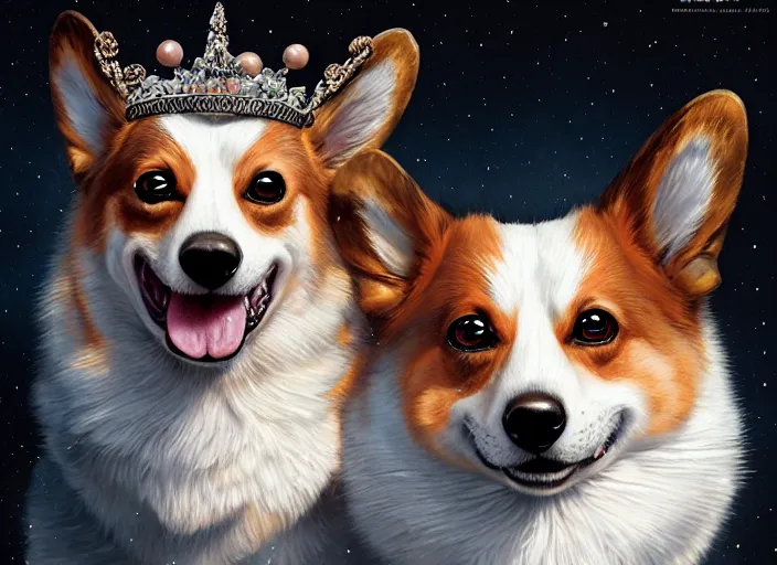 Image similar to highly detailed illustration of a portrait of a regal corgi wearing a crown, artstation, cinematic lighting, hyperdetailed, cgsociety, 8k, high resolution, Charlie Bowater, Tom Bagshaw, Norman Rockwell, insanely detailed and intricate