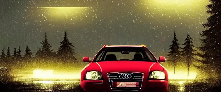 Prompt: Audi A4 B6 Avant (2002), a gritty neo-noir, dramatic bright lighting, cinematic, establishing shot, extremely high detail, photorealistic, cinematic lighting, artstation, by simon stalenhag, Snowy mountain road, At night