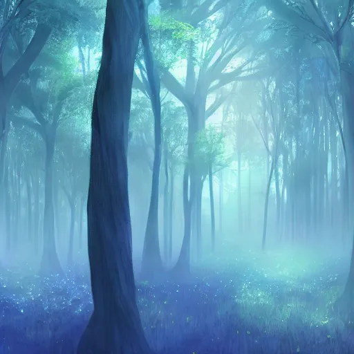 Image similar to portrait of an ethereal forest made of blue light, divine, cyberspace, mysterious, dark high-contrast concept art