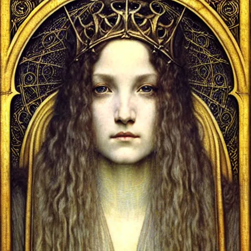 Image similar to detailed realistic beautiful young medieval queen face portrait by jean delville, gustave dore and marco mazzoni, art nouveau, symbolist, visionary, gothic, pre - raphaelite. horizontal symmetry