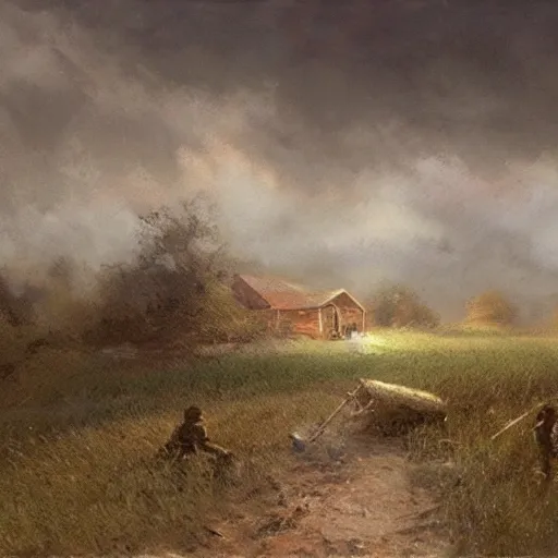 Image similar to reality tearing itself apart on a small corn farm, ominous, end of world, craig mullins