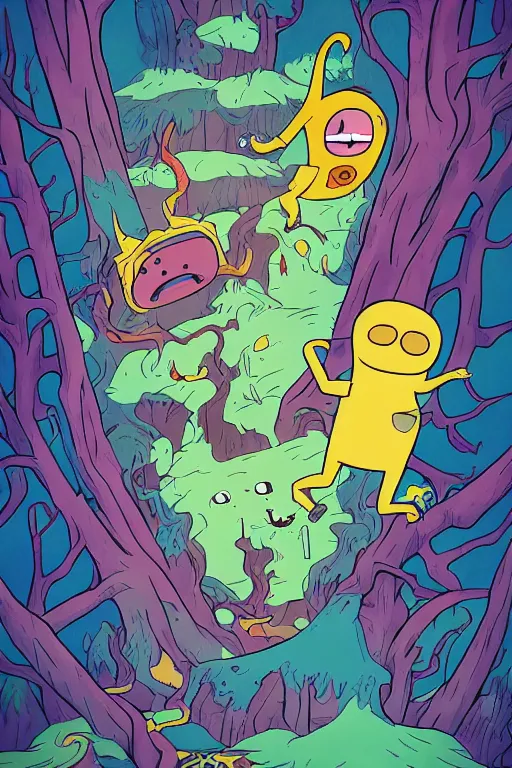 Prompt: Artwork in style of Adventure Time of the cinematic view of the Ghastly Forest of Insanity.