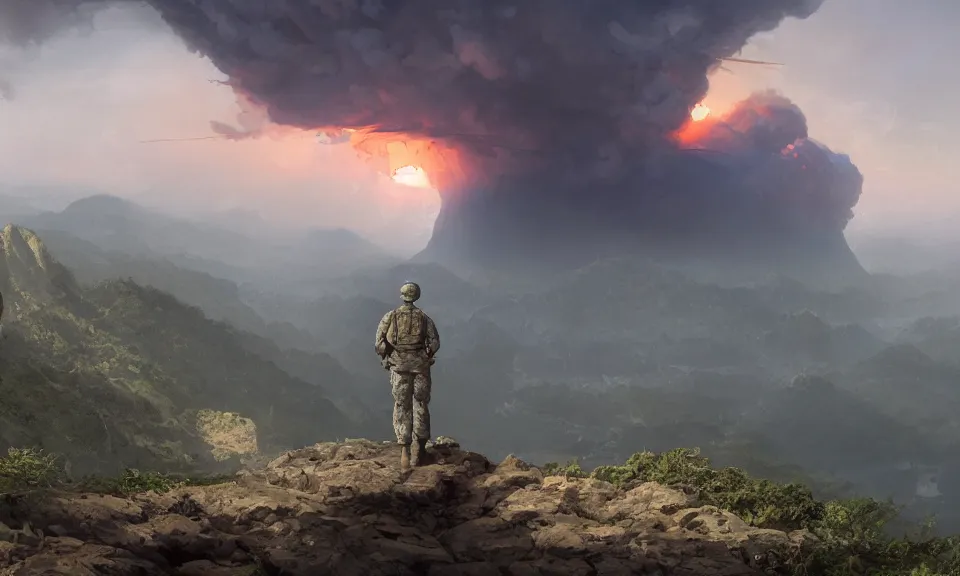 Prompt: Futuristic matte painting of a US soldier in the Vietnam War looking at a nuclear explosion at the distance at a cliff, forest, volumetric light scattering, highly detailed, digital art, Andreas Rocha, Greg Rutkowski, Darek Zabrocki, ArtStation, CGSociety, Unreal Engine, 4K, 8K