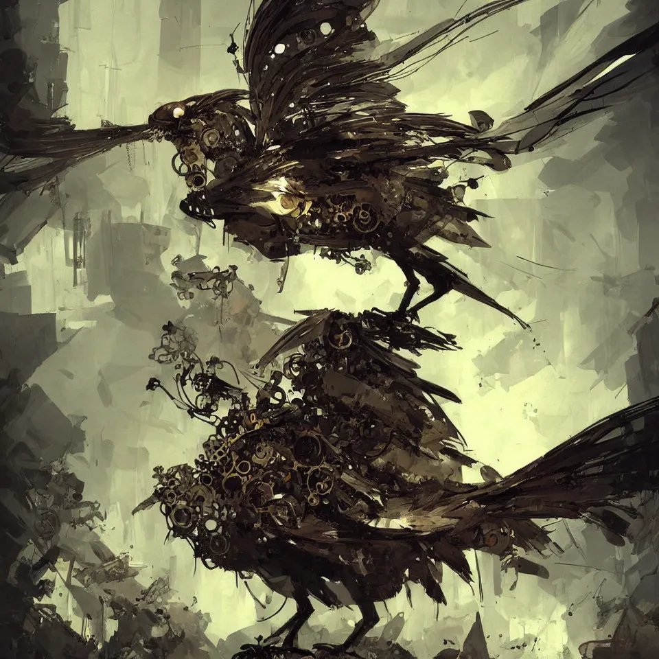 Prompt: a detailed concept art of a steampunk bird by ashley wood, dynamic lighting, cinematic, epic composition, masterpiece