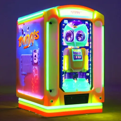 Image similar to friendly robot vending machine with pastel led lights made of cheap materials selling cheap junk food in a city comprised of light matter, set in the distant future, plants, light prisms, rainbow diffraction, steampunk, cyberpunk, robots, warm lights, anime, vhs distortion, art style mimics starlight brigade by game grumps