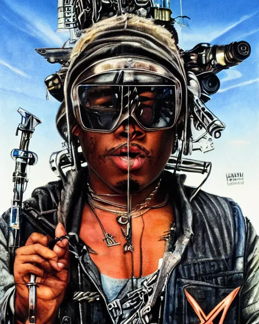 Image similar to juice wrld in dystopian raider mad max post apocalpytic, airbrush, drew struzan illustration art, key art, movie poster