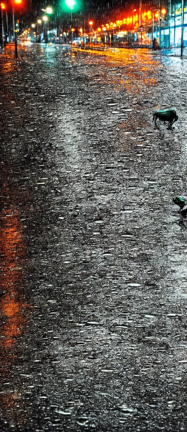 Image similar to photo, night, rain, modern street, lights, close up the fat frog on wet road