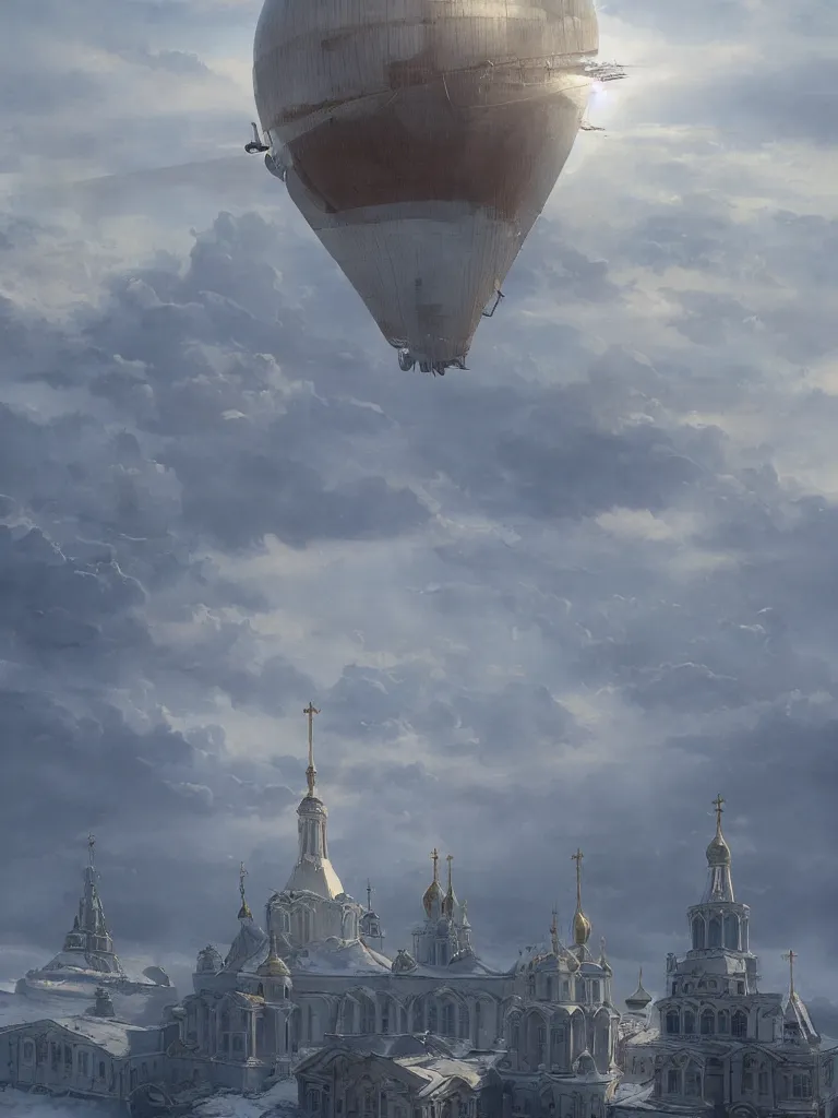 Image similar to a large dieselpunk airship is standing in the air over a splendid white church in russia, full morning sun, matte painting by greg rutkowski, james gurney