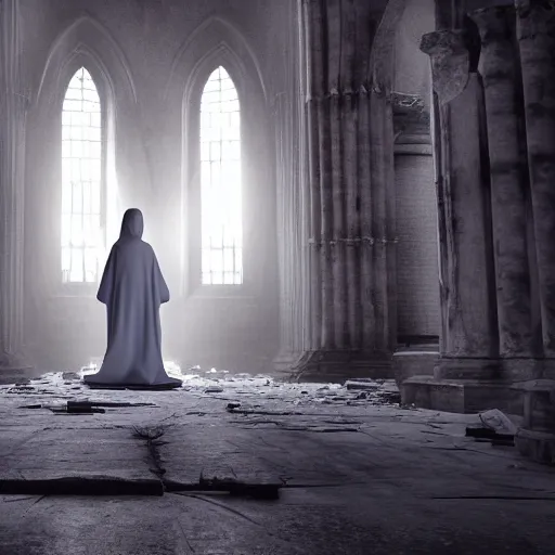 Image similar to a female banshee robed in white cloth standing inside a ruined cathedral, sunlight shining through the ceiling over the white clothed banshee, realistic lighting