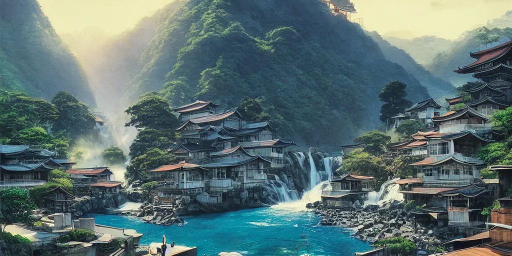 Image similar to beautiful waterfall between lush mountains late at night casting rays of light into japanese fishing village below, highly detailed, modern architecture, sharp focus, artgerm, cgsociety, desaturated by syd mead