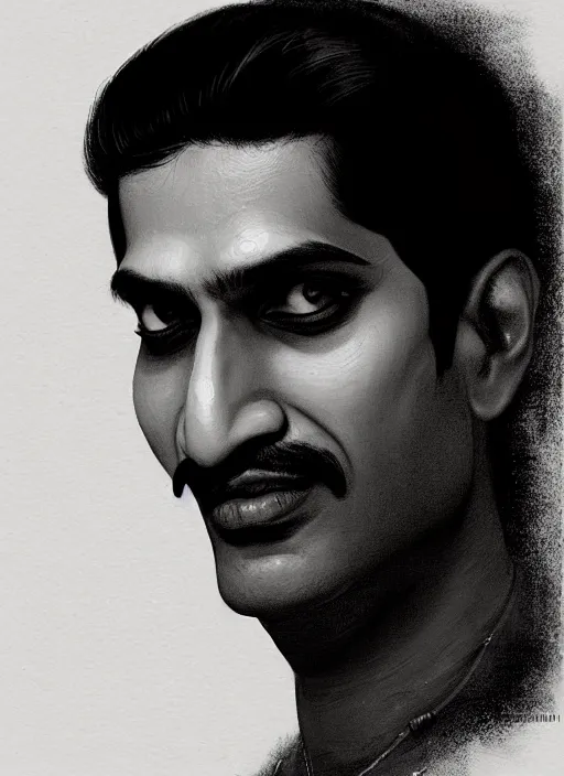 Prompt: portrait of an indian man with a crooked nose and a confident expression, 1 9 6 0 s, black clothes, goth, punk, funk, intricate, elegant, highly detailed, digital painting, artstation, concept art, smooth, sharp focus, illustration, art by wlop, mars ravelo and greg rutkowski