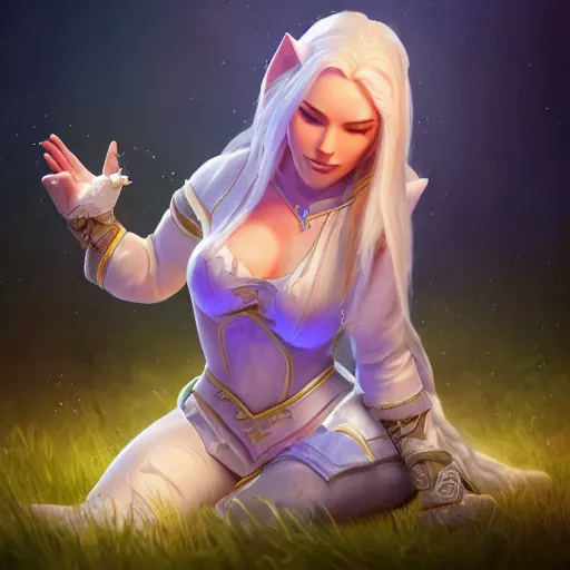 Prompt: jaina proudmoore pets a white kitty, world of warcraft, digital art, dmitry prozorov style, artstation, cute, happy, extremely detailed, volumetric lighting, ultra quality, 8 k