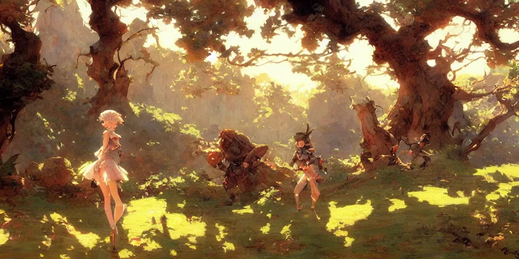 Image similar to cute anime landscape painting by gaston bussiere, craig mullins, j. c. leyendecker