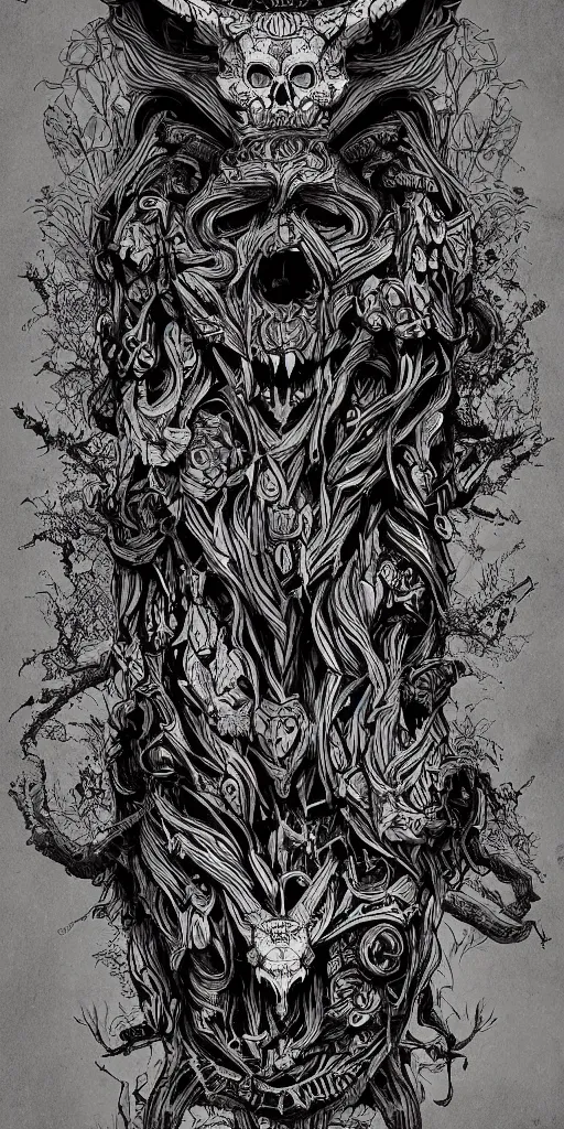 Image similar to A totem with a skull and an wolf, lovecraft, ink on paper, coherent, symmetrical, intricate, high detail, digital painting, octane render, 4k, trending on artstation