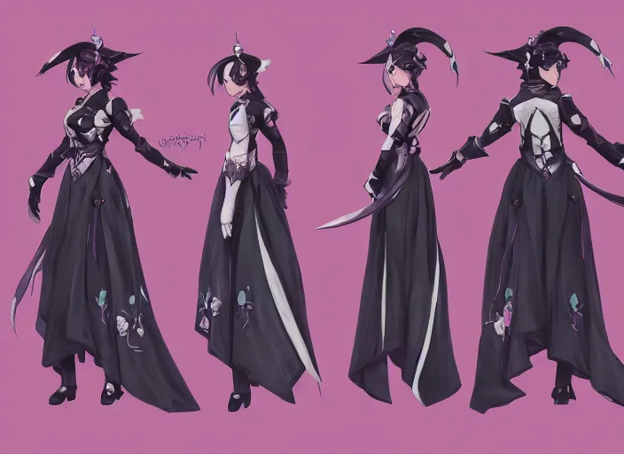 Prompt: character sheet for a beautiful and cute girl in wedding dress for genshin impact by greg rutkowski, black to light pink fade hair, genshin impact style, overwatch style, sorcerer magic witch, longsword, digital art, trending on artstation, hd, 8 k, highly detailed, good lighting, beautiful, masterpiece