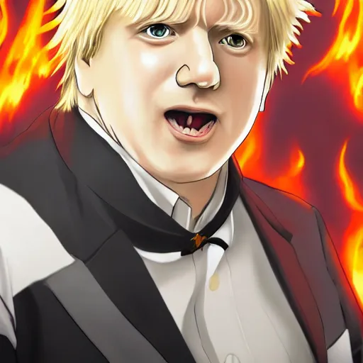 Image similar to portrait of boris johnson the arsonist, anime fantasy illustration by tomoyuki yamasaki, kyoto studio, madhouse, ufotable, comixwave films, trending on artstation