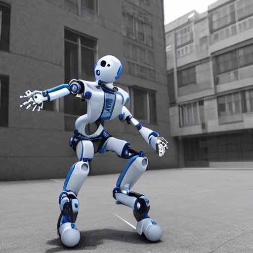 Prompt: a robot similar to a human doing hardcore parkour, photorealistic