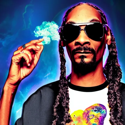 Prompt: snoop dogg smoking weed, the smoke is full of galaxies and nebulae, snoop dogg is wearing sunglasses, behind him is a colorful universe, hyperrealistic, unreal engine, high quality