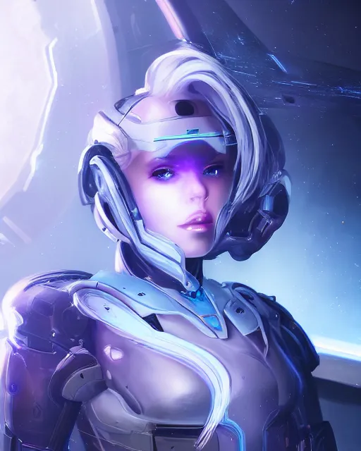 Image similar to perfect android girl on a mothership, warframe armor, beautiful face, scifi, futuristic, galaxy, nebula, raytracing, dreamy, long white hair, blue cyborg eyes, sharp focus, cinematic lighting, highly detailed, artstation, divine, by gauthier leblanc, kazuya takahashi, huifeng huang