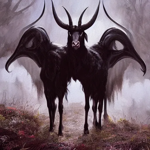 Image similar to thomas kincaid painting of black phillip, long horns, 1 0 legs. from the movie the witch. dynamic lighting, masterpiece painting, octane render, cinematic trending