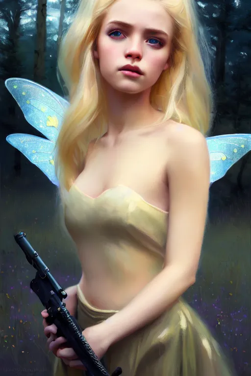 Image similar to cinematic shot of an epic portrait of a cute blonde fairy dressed in military clothes, stylised military clothes, shiny skin, beautiful eyes, beautiful, small details, night setting, realistic poster with volumetric light from jeremy lipkin and michael garmash, craig mallism, artgerm, unreal engine, radiant light, digital art, trends at art station, a masterpiece