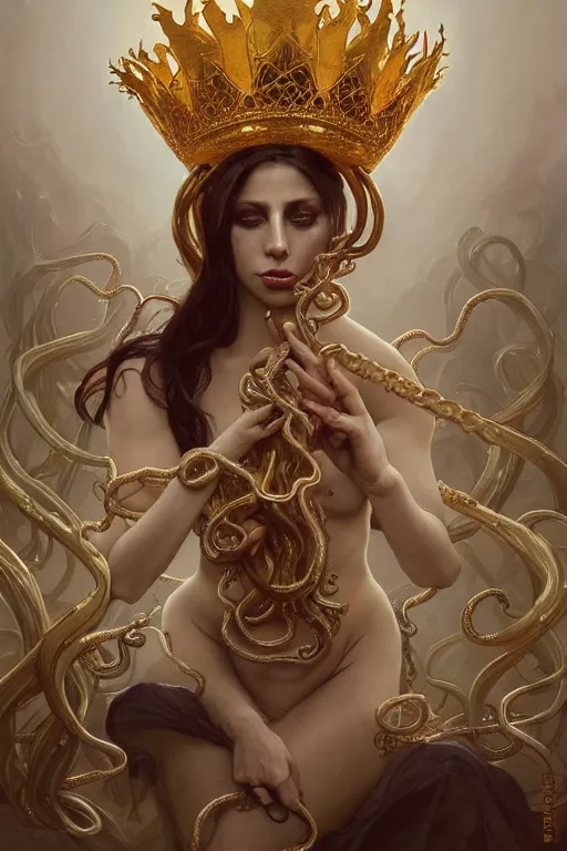 Image similar to Lady Gaga , a golden crown floating above his head, tentacles coming out the ground art by Artgerm and Greg Rutkowski and Alphonse Mucha and Craig Mullins and James Jean and Andrei Riabovitchev and Marc Simonetti and peter mohrbacher, sharp focus, ominous, cosmic horror, trending on artstation, Ultra detailed, hyper realistic 4k