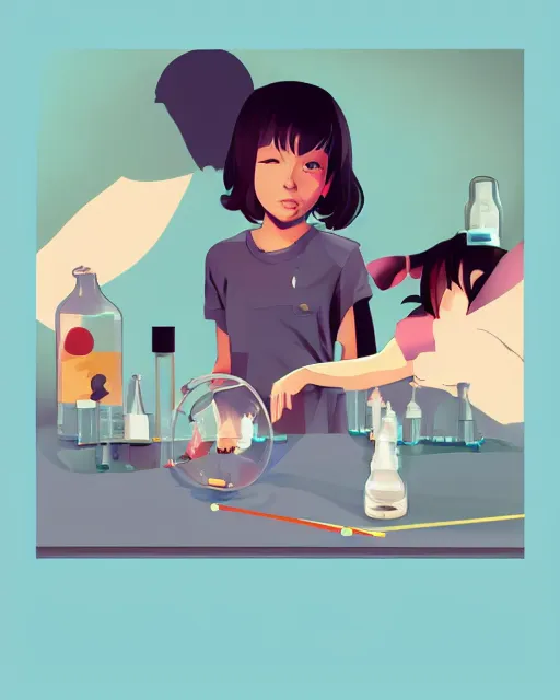 Prompt: a little girl is doing a science experiment. clean cel shaded vector art. minimalist illustration art by lois van baarle, artgerm, helen huang by makoto shinkai and ilya kuvshinov, rossdraws