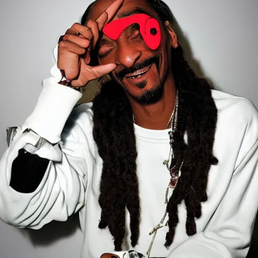 Image similar to Snoop Dog with big eyes eye color red , smiling and holding a joint in his hand