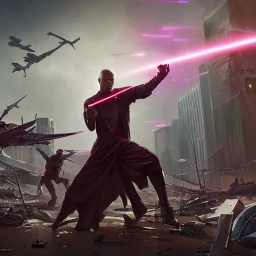 Image similar to mace windu fighting a group of pterodactyls in a destroyed cyberpunk city shooting lasers by greg rutkowski