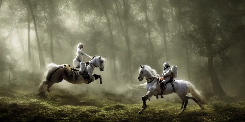 Image similar to an astronaut riding on the back of a white horse through a forest, a detailed matte painting by frieke janssens, featured on cgsociety, fantasy art, matte painting, reimagined by industrial light and magic, matte drawing