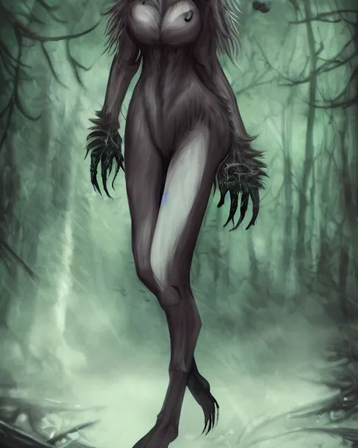 Image similar to werewolf girl in a dark forest, anthropomorphic, fierce, trending on artstation