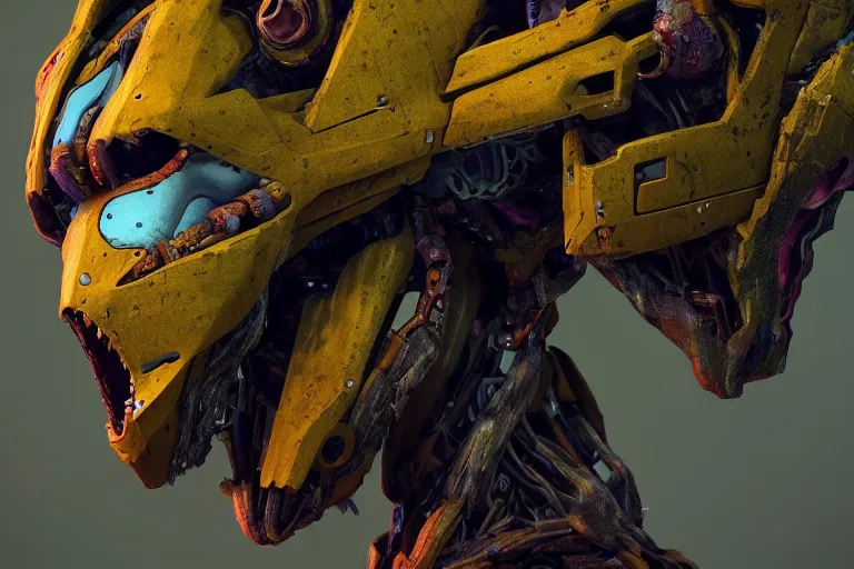 Image similar to portrait of a posed hyper detailed yellow scrounger evangelion realistic mechanical and fleshy organic creature similar look as horizon forbidden west horizon zero dawn bioluminiscence in a dark deep forest at dawn in spring, with reflection and textures, by kilian eng, substance painter reaslitic mech surface metal painted scratches