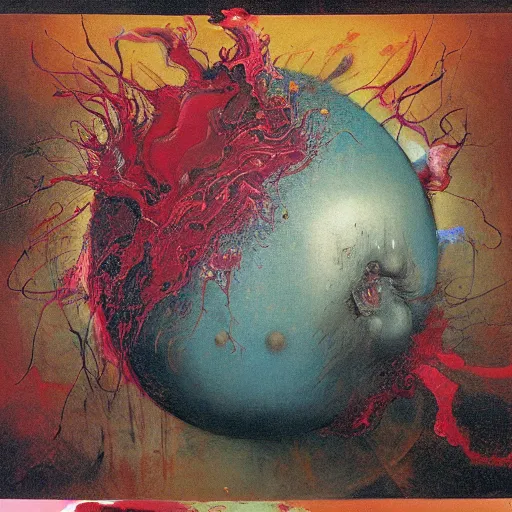 Image similar to a sphere being devoured by abstract splatters of paint in the style of francis bacon, venus being engulfed in flames in the style of james jean, surreal, beksinski, high detailed