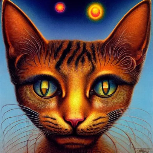 Image similar to a cat having an ego trip, by alex grey, by Esao Andrews and Karol Bak and Zdzislaw Beksinski and Zdzisław Beksiński, trending on ArtStation