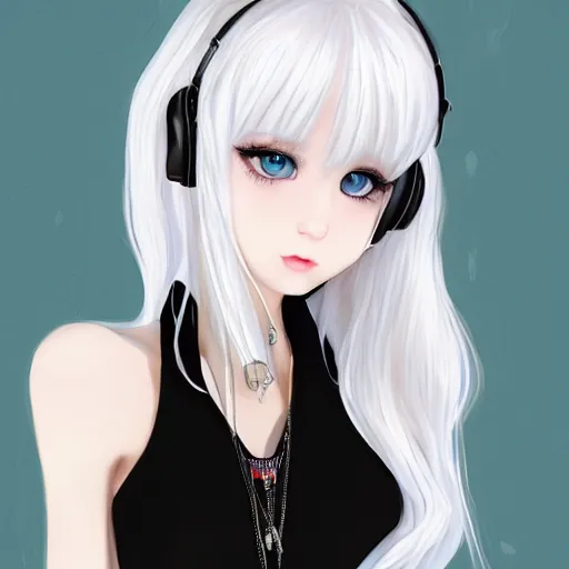 Image similar to realistic detailed semirealism beautiful gorgeous cute Blackpink Lalisa Manoban white hair white cat ears blue eyes, wearing black camisole maid outfit, headphones, black leather choker full HD 4K high resolution quality WLOP, Aztodio, Taejune Kim, Guweiz, Pixiv, Instagram, Artstation