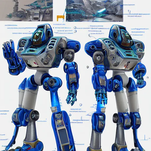 Image similar to Detailed technical drawings of robotic mecha warrior, highly detailed blueprints, 4K resolution, octane render, cyberpunk mecha warrior technical drawings, detailed parts diagram,