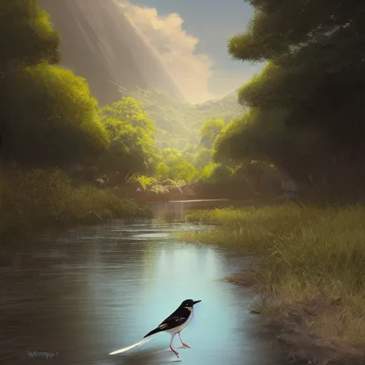 Prompt: wagtail bird in avila, lavandera, river, green fields, summer season, 4 k, midday light, concept art, by wlop, ilya kuvshinov, artgerm, krenz cushart, greg rutkowski, pixiv. cinematic dramatic atmosphere, sharp focus, volumetric lighting, cinematic lighting, studio quality