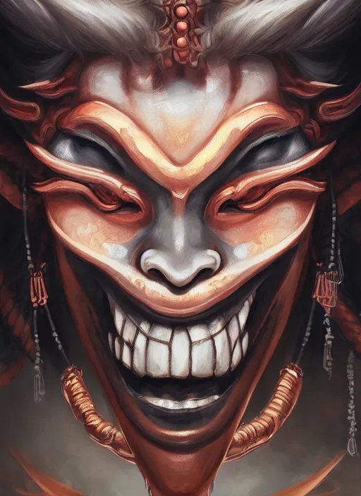 Image similar to a beautiful detailed oil on copper art illustration of a oni hannya mask shogun dragon woman, centered, by charlie bowater, zeng fanzh, trending on artstation, dim dusk lighting, cinematic lighting, detailed lighting, volumetric lighting, realistic, f 8, 4 k hd wallpaper