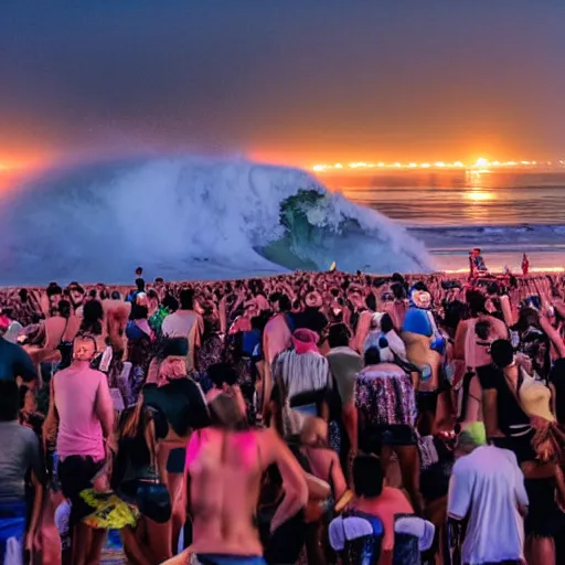 Image similar to a tsunami hitting a night concert at the beach, huge wave and people running