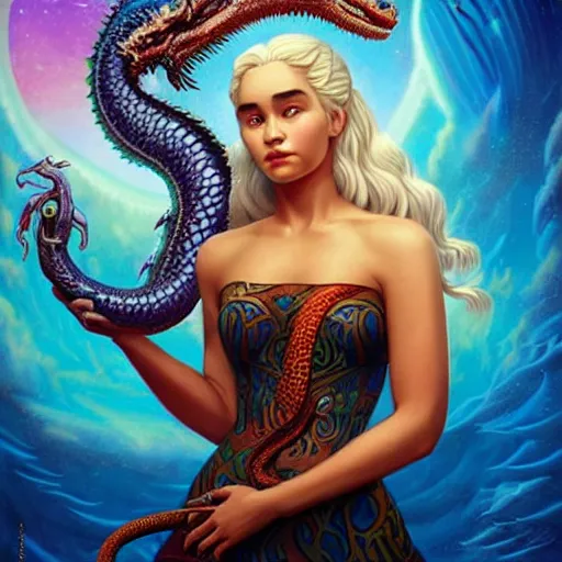 Prompt: cosmic underwater lofi daenerys targaryen portrait with her serpent dragon fire flame, queen of dragons, fire flaming dragon serpent, Pixar style, by Tristan Eaton Stanley Artgerm and Tom Bagshaw.