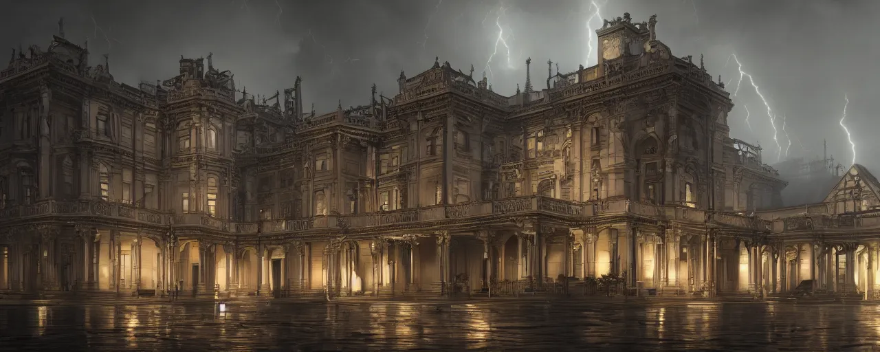 Image similar to victorian architecture, wood, marble, steam, rain, night, dramatic lighting, lightning bolt, trending on Artstation, 8k, highly realistic, hyper detailed, unreal engine 5, IMAX quality, realistic, cinematic, epic lighting, realistic, in the style of Zaha Hadid