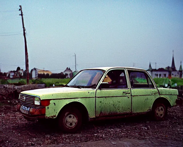 Image similar to a lomographic photo of old lada 2 1 0 7 standing in typical soviet yard in small town, hrushevka on background, cinestill, bokeh