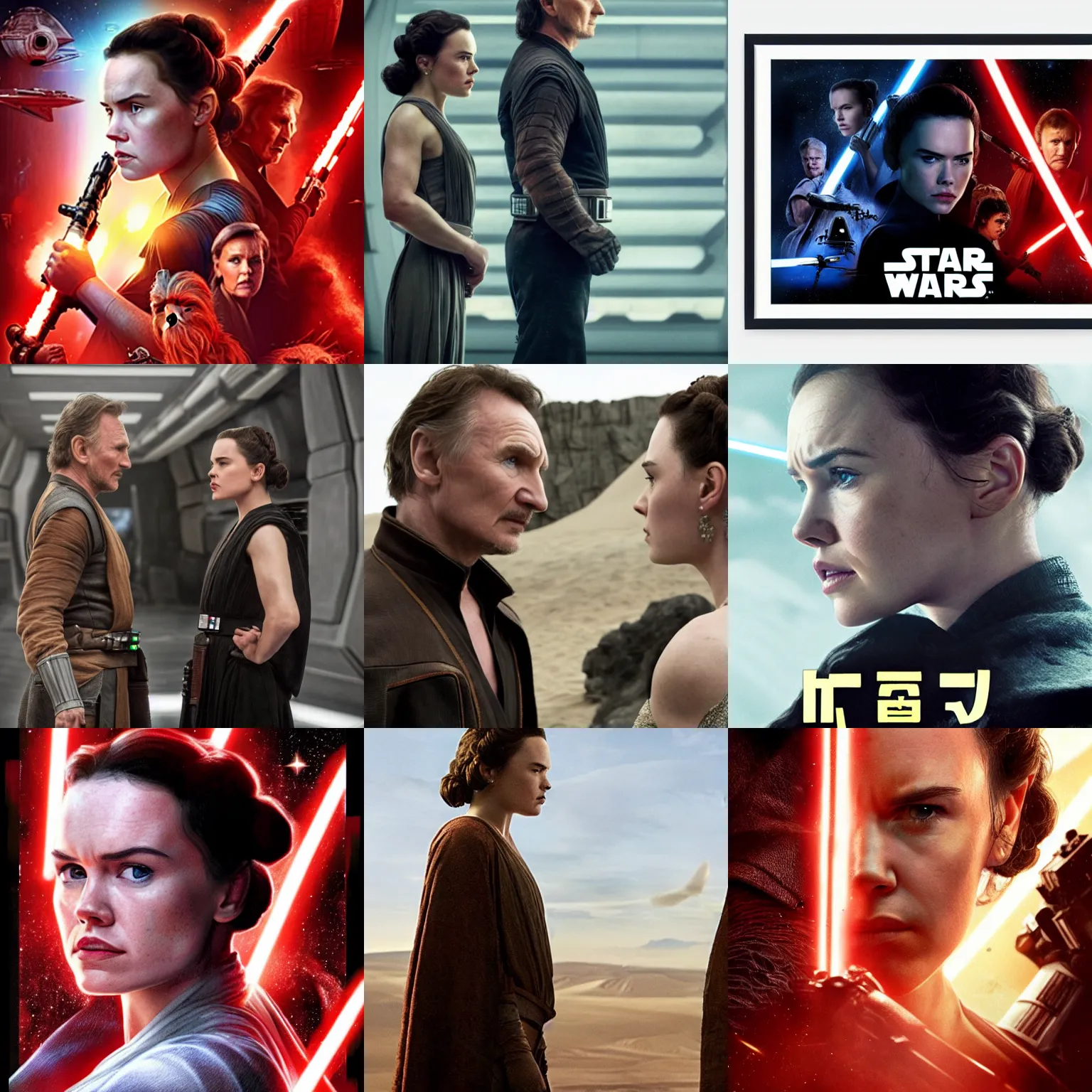 Prompt: side view of daisy ridley facing liam neeson, star wars movie poster