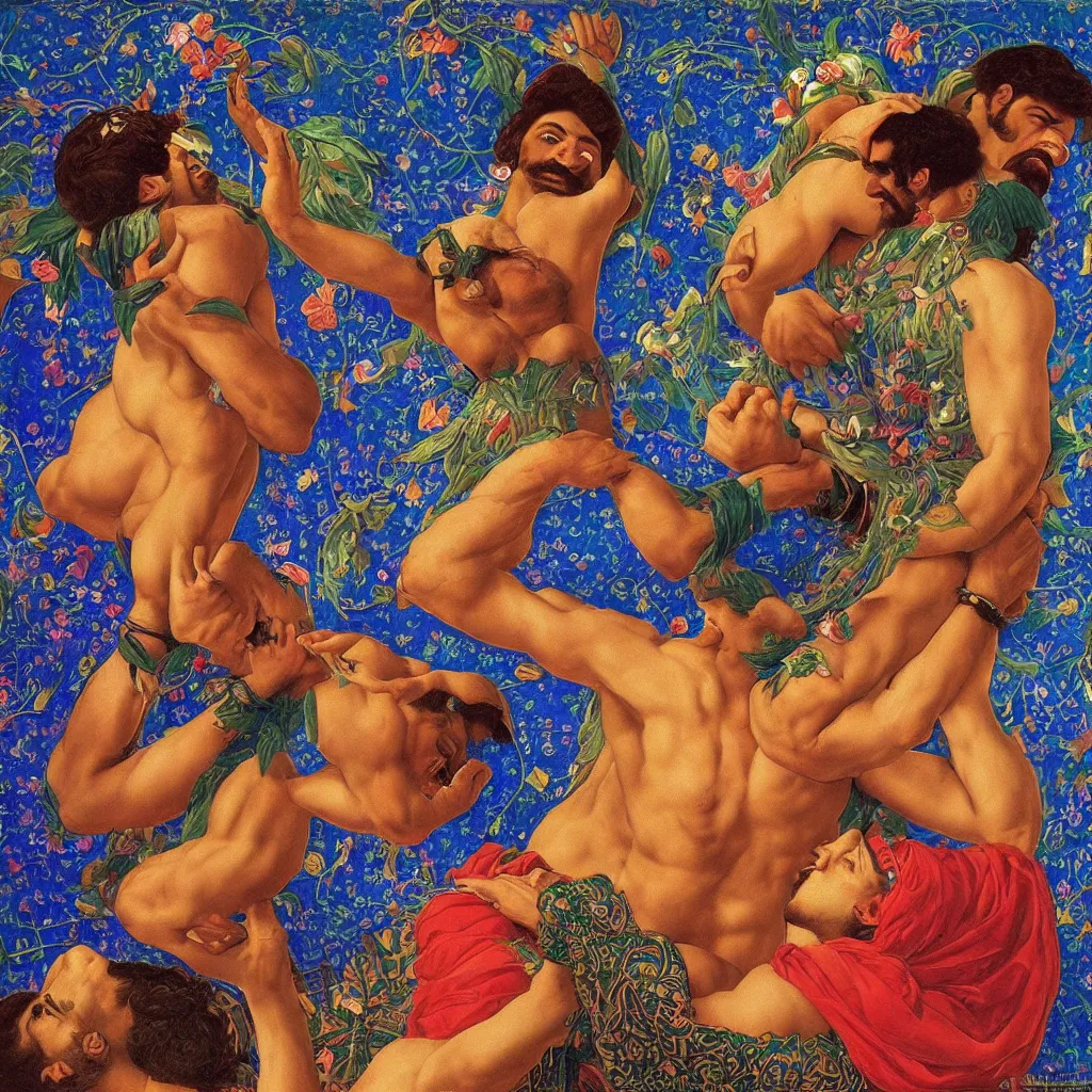 Prompt: beautiful muscular iranian persian men with mustache kiss with passion, seen through a kaleidoscope, victor nizovtsev, botticelli