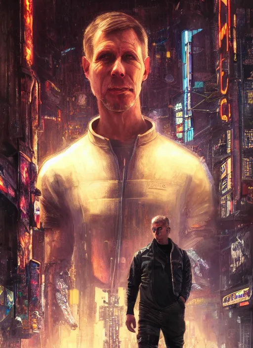 Image similar to kent hovind. cyberpunk mercenary in a cyberpunk jumpsuit ( blade runner 2 0 4 9, cyberpunk 2 0 7 7 ). orientalist portrait by john william waterhouse and james gurney and theodore ralli and nasreddine dinet, oil on canvas. cinematic, hyper realism, realistic proportions, dramatic lighting, high detail 4 k