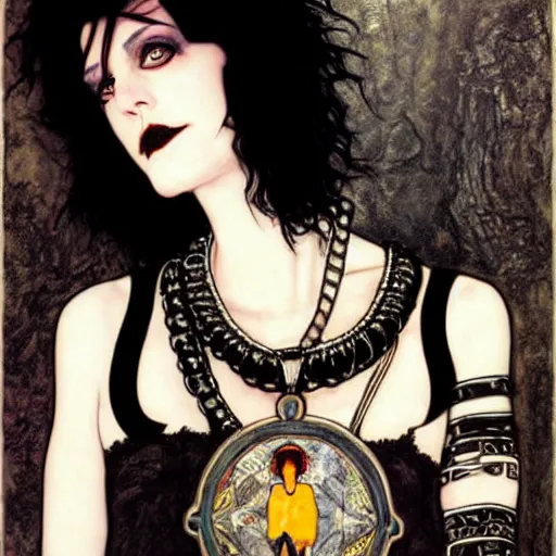 Image similar to death, a young and beautiful pale goth girl wearing a black vest and black punk hair, an ankh medallion hangs around her neck. the actress winona ryder, portrait by joshua middleton and gustav klimt, vertigo comic