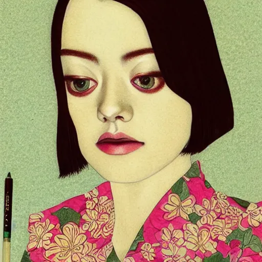 Image similar to “ emma stone portrait by ikenaga yasunari and ayana otake, drawing, realistic, sharp focus, japanese, dreamy, nostalgia, faded, golden hues, floral clothes, ”