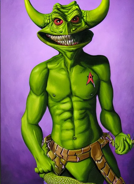 Image similar to oil painting portrait of a cowboy lizard person, a gorn from star trek, a snake oil salesman wearing a blonde wig in a movie poster for a movie called gorn on the bull horn girl, purple green color scheme