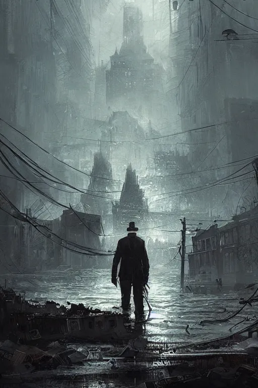 Image similar to sinking city, flood, lovecraftian, chaos, digital art, in the style of greg rutkowski, trending on artstation